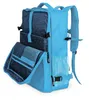 A blue backpack is shown against a white background, with its front flap open to reveal internal compartments. Náhľad obrázku produktu