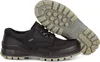 A pair of black leather shoes with a gray sole, shown from a side angle with the sole of one shoe facing upwards. Produktbild-Vorschau