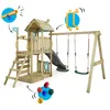 A wooden playground set with a slide and swings, shown against a white background with illustrative callouts. Produktbild-Vorschau
