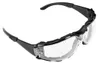 A pair of clear safety glasses with black frames, shown against a white background. Produktbild-Vorschau