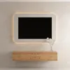 A modern TV stand with a minimalist design, featuring a wooden finish and a sleek, integrated TV frame with ambient lighting. Produktbild-Vorschau