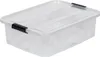 A clear, professional studio shot of a transparent plastic storage box with black latches, placed on a white background. Produktbild-Vorschau