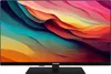 A black television set with a colorful abstract image displayed on its screen, placed on a black stand. Produktbild-Vorschau
