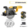 A cordless circular saw with accessories, including batteries, charger, and saw blades, presented on a white background with text overlays. Produktbild-Vorschau
