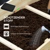 A raised garden bed filled with soil, with a watering can and protective fabric shown. Produktbild-Vorschau