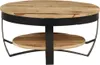 A round coffee table with a wooden top and a black metal frame, shown from a slightly elevated angle against a white background. Náhľad obrázku produktu