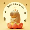 A cute capybara figurine sitting on a lotus flower, surrounded by money bags and clover symbols, with text above. Produktbild-Vorschau