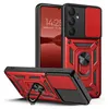 A red and black phone case with a sliding camera cover and a ring stand, displayed from multiple angles. Produktbild-Vorschau