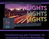 A marketing image for video editing software, showing a cityscape with light trails and overlaid text. Produktbild-Vorschau