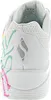 The back view of a white Skechers sports shoe with colorful graffiti-style accents. Produktbild-Vorschau