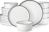 A set of white ceramic plates and bowls with black rims, neatly arranged. Produktbild-Vorschau