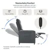 A collage showing a gray recliner chair with diagrams illustrating different reclining angles and icons representing activities. A remote control is also shown. Náhled obrázku produktu
