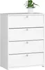 A white shoe cabinet with four drawers is shown against a white background. A small potted plant sits on top of the cabinet. Produktbild-Vorschau