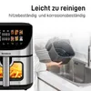 A person is cleaning an air fryer basket in a sink, with the air fryer visible on the left. Produktbild-Vorschau