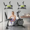 A woman is demonstrating a recumbent exercise bike, with two additional images of the bike showing different height adjustments. Produktbild-Vorschau