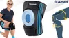 A woman is demonstrating a knee brace, with a close-up of the brace and a diagram of knee measurements. Produktbild-Vorschau