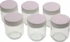 Six clear glass jars with white lids are arranged on a white background. Produktbild-Vorschau