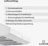 A list of items included in the delivery of a range hood, with a partial view of the range hood itself. Podgląd zdjęcia produktu