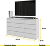 A white dresser with a television and soundbar on top, with dimensions indicated. Anteprima dell’immagine prodotto