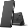 A black flip case for a smartphone is shown, with the phone inside and partially open. Produktbild-Vorschau