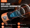 A marketing image for a dual laser infrared thermometer, showing the product and highlighting its features with text and graphics. Podgląd zdjęcia produktu