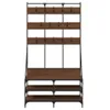 A freestanding coat rack with a bench and shelves. Produktbild-Vorschau