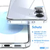 A close-up of a transparent phone case, highlighting its protective features with text overlays. Produktbild-Vorschau