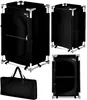 A collage of images showing a black camping cabinet from different angles, including a folded version and a carrying bag. Podgląd zdjęcia produktu