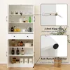 A white kitchen cabinet with various items on its shelves, accompanied by close-up insets highlighting safety features. Podgląd zdjęcia produktu