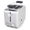 A white and silver toaster with a chrome lever and a warming rack on top, set against a white background. Produktbild-Vorschau