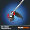 A close-up illustration of a string trimmer head with red cutting lines and red arrows indicating rotation and string change. Produktbild-Vorschau