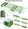 A collage of images showing a mandoline slicer and its various attachments, with dimensions indicated. Produktbild-Vorschau