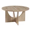 A modern round coffee table with a unique wooden base. Produktbild-Vorschau