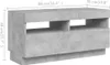 A 3D rendering of a gray TV stand with dimensions indicated. Voir les images du produit