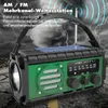 A green and black emergency radio with a solar panel on top, set against a stormy, lightning-filled sky. Produktbild-Vorschau