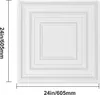 A white, square ceiling tile with concentric square borders is shown against a white background. Dimensions are indicated by text and lines on the left and bottom edges. Anteprima dell’immagine prodotto