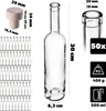 A collection of glass bottles and a cork, with measurement annotations and product details. Náhľad obrázku produktu
