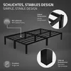 A diagram of a black metal bed frame with callouts highlighting its features like the slatted frame, sturdy construction, and floor protector feet. Podgląd zdjęcia produktu