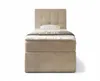 A studio shot of a single bed with a beige upholstered headboard and base, a white mattress, and a grey and white striped duvet. Produktbild-Vorschau