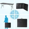 A collage showing a folding table in different states: set up, folded, and being carried. It also includes a diagram with numbered steps. Produktbild-Vorschau