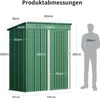 A diagram showing the dimensions of a green metal shed, with a silhouette of a person for scale. Anteprima dell’immagine prodotto