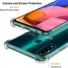 A clear protective phone case is shown with callouts indicating its protective features. Produktbild-Vorschau