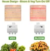 A split image showing two LED grow lights, one set to 'VEG' and the other to 'BLOOM', with corresponding switches and examples of plants grown under each setting. Náhľad obrázku produktu