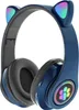 A pair of blue wireless headphones with cat ears and colorful LED lights. Produktbild-Vorschau