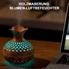 A wooden-patterned aroma diffuser is shown on a wooden desk next to a laptop. Produktbild-Vorschau