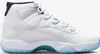 A side view of a white Nike Air Jordan 11 Retro sneaker with blue accents on the sole. Produktbild-Vorschau