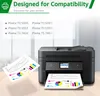 A printer with printed charts on paper, with text overlay indicating compatibility. Produktbild-Vorschau