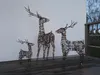 Three illuminated wire reindeer figures of varying sizes are displayed on a wooden deck against a white wall. Podgląd zdjęcia produktu