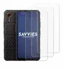 A smartphone and several screen protectors are displayed against a white background. Produktbild-Vorschau