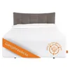 A white bed with a gray headboard, featuring a white duvet and an orange banner with text. Produktbild-Vorschau